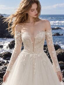Women's Romantic Elegant Off-Shoulder Long Sleeve Wedding Dress - أبيض - مشاهدة 3