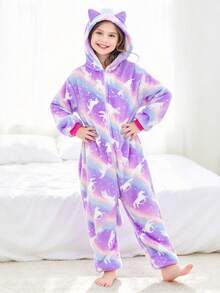 Baju Terusan Kasual Sehari-hari Motif Unicorn Ungu dan Telinga Kucing untuk Anak Perempuan Remaja - MultiWarna - View 4