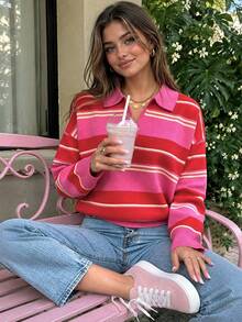 Mori Women's Autumn/Winter Striped Polo Collar Multi-Color Patchwork Long Sleeve Loose Pullover Sweater, Y2K Casual Outdoor Style - Red - View 1