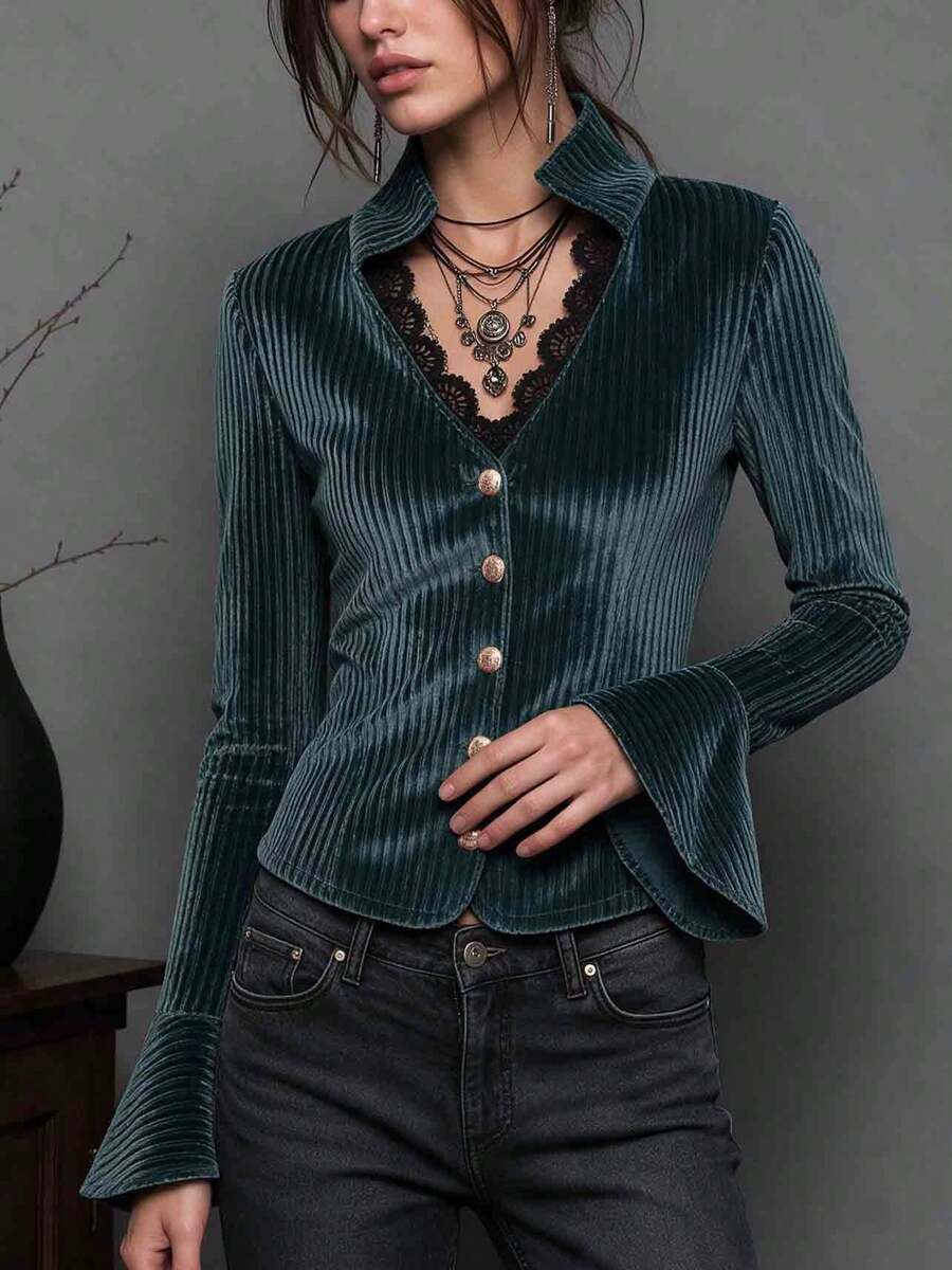 Women's Autumn Velvet Striped Slim Fit Blazer, V-Neck Lace Trim Long Sleeve Jacket With Gold Buttons - Teal Blue - View 1