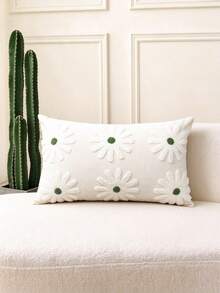 1pc Flower Embroidery Cushion Cover Without Filler, Modern Canvas Decorative Throw Pillow Cover For Home - Green - View 4