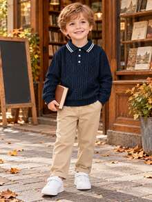 Tween Boy Casual Elegant Fashionable Handsome Textured Jacquard Fabric Long Sleeve POLO Shirt Suitable For Spring/Summer Seasons Back To School Daily Outings Vacation - Navy Blue - View 3