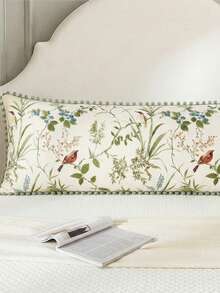 1pc Floral Bird Branch Leaf Green Pom Pom Decor Long Pillowcase - Soft Material Lightweight Breathable, Polyester Fabric, Green Pillowcase Suitable For Bedroom Sofa - Decorative Lumbar Cushion, Home Decor, Gift For Her, Suitable For All Year Round - Multicolor - View 7