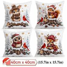 4pcs Forest Animals Christmas Pillow Covers, Rabbit Squirrel Owl Deer Cardinal Bird Print Pattern, Single-Sided Printed Pillow Covers/Cushion Covers, Multi-Scene Atmosphere Decoration Pillow Covers Suitable For Living Room Sofa Bedroom, Pillow Insert Not Included - Multicolor - View 13