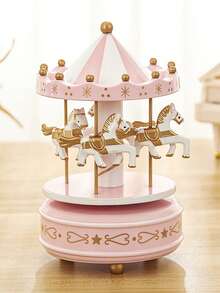 1pc Wooden Music Box With Sky City And Rotating Horse Design, Romantic Birthday Gift And Classic Eight-Tone Home Decor Birthday Gifts Graduation - Star Pink - View 2
