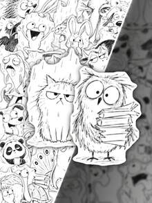 50Pcs Black Sketch Funny Animal Sticker Pack, Hand‑Drawn Line‑Doodle Whimsical Moody Grumpy Cat Owl Panda Waterproof Vinyl Decals For Laptop Water Bottle Journal Scrapbook DIY Decor - Multicolor - View 2