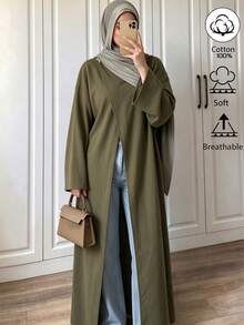 Women's Round Neck Long Sleeve Overlap Split Metal Decor Pure Cotton Long Elegant Outerwear Shirt Robe, Autumn/Winter - Army Green - View 3