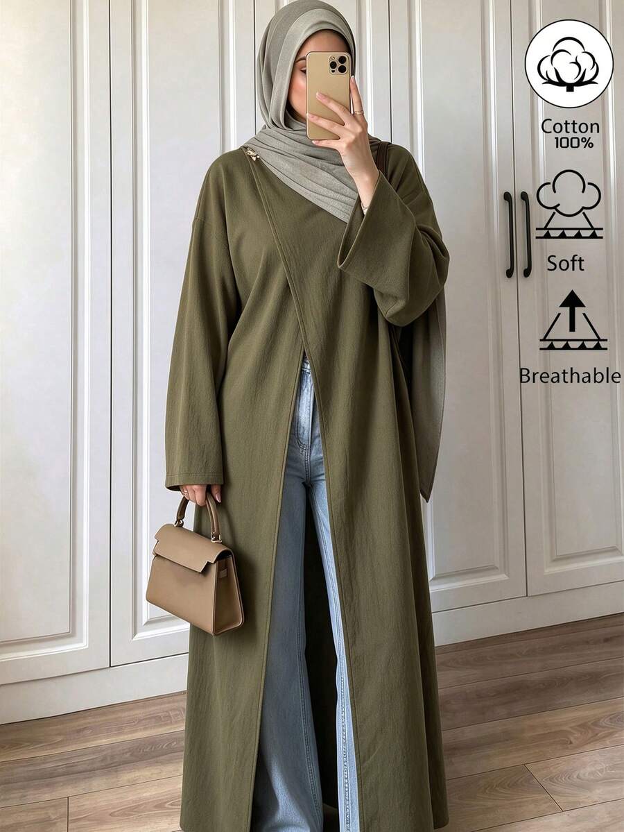 Women's Round Neck Long Sleeve Overlap Split Metal Decor Pure Cotton Long Elegant Outerwear Shirt Robe, Autumn/Winter - Army Green - View 1
