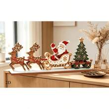 1pc Wooden Christmas Desktop Decoration, Santa Sleigh With Reindeer And Christmas Tree, Rustic Holiday Village Scene Figurine, Farmhouse Mantel Decor, Christmas Home Gift - A - View 6