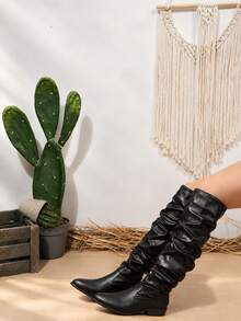 Women's Pointed Toe Chunky Heel Knee-High Boots, Ruched Slouchy Western Fashion Tall Boots - Black - View 5