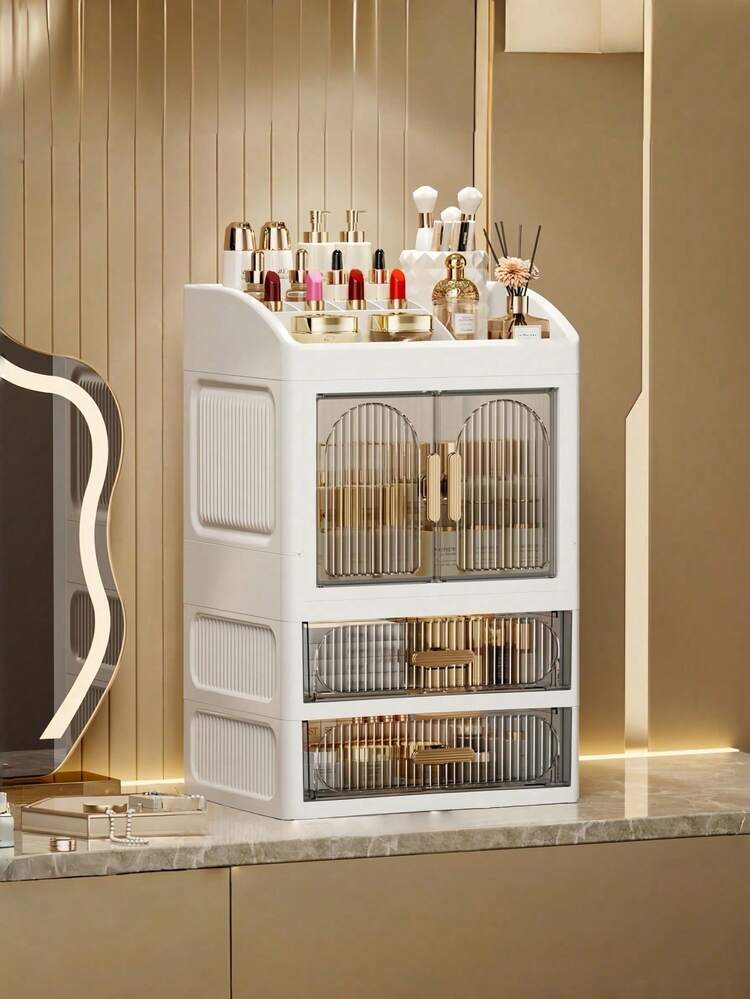 Large Capacity Skincare Storage Cabinet With Drawers And Dust-Proof Design, Countertop Cosmetic Organizer For Lipstick, Perfume, Lotion, Bathroom Vanity Storage Solution, Space-Saving Luxury Transparent Striped Door Makeup Storage Box - Multicolor - View 6