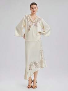 Rich Radi Q's Women's V-Neck Beige Hollow Embroidery T-Shirt, Ruffle ...