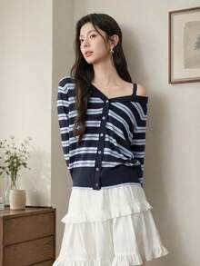 Sweet Cool Spicy Girl Style Asymmetrical Cold Shoulder Spaghetti Strap Patchwork Striped Long Sleeve Cardigan Women Autumn/Winter V-Neck Single-Breasted Contrast Color Knit Top Jacket - Black and Blue Striped Patchwork - View 4