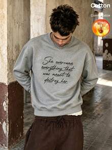 Autumn Winter Men's Fleece-Lined Crewneck Sweatshirt With English Letter Print Y2K - Heather Gray - View 11