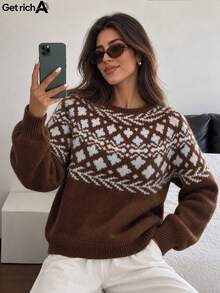 Bohemian Women's Casual Vacation Elegant Brown Fair Isle Sweater, Autumn/Winter Vintage Commuter Style - Multicolor - View 1
