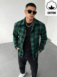 WAIT HIM Men's Casual Patchwork Plaid Long Sleeve Shirt, Christmas Gift - Green - View 2