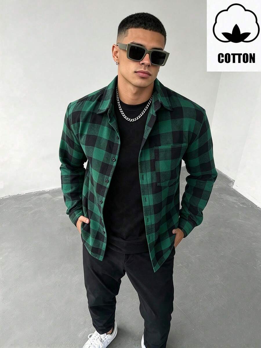 WAIT HIM Men's Casual Patchwork Plaid Long Sleeve Shirt, Christmas Gift
