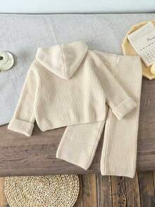 Girls' 2pcs Vertical Striped Knit Set, Hooded Front Button-Up Cardigan Top + Wide Leg Pants, Soft Comfortable Beige Solid Color Casual Outfit, Suitable For Autumn/Winter Daily Home And Outdoor Wear - Apricot - View 2
