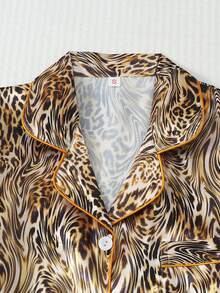 2pcs Satin Tie Dye Leopard Print Pajama Set, Sweet Cute Lapel Button Long Sleeve Top And Pants, Women's Sleepwear And Loungewear For Home Use - Brown - View 4