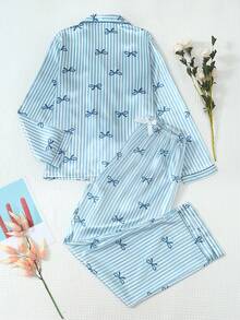 2 Pieces Satin Striped Bow Pajama Set, Sweet And Cute Lapel Button Long Sleeve Top And Pants, Women's Sleepwear And Loungewear Suitable For Home Use - Blue - View 2
