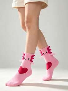 1 Pair Funny 3D Monster Mid-Calf Socks, Blue Axolotl Heart Cartoon Socks, Viral Style Cute Cotton Socks For Girls - Multicolor - View 3