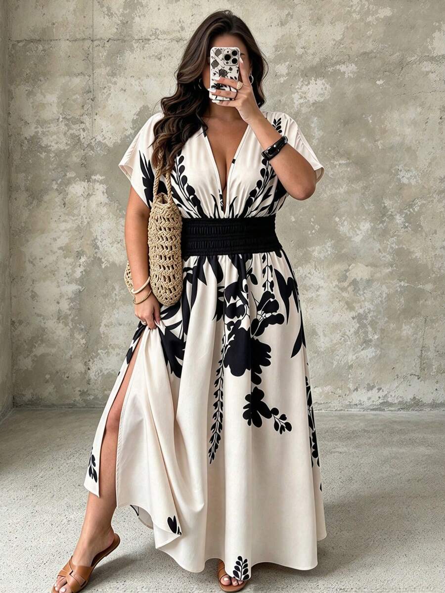 Spring/Summer Women's Wrap Cross Ruffle Floral Print Casual Vacation Top, Fashionable Streetwear Dress - Multicolor - View 1