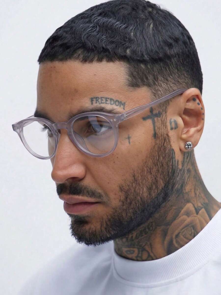 1PC Men's Classic Round Solid Color Casual Premium Artistic Daily Fashion Versatile Plug-In Plain Lens Glasses, Suitable For Work, Street Photography, Dating, Back To School, Etc. - Light Grey - View 1