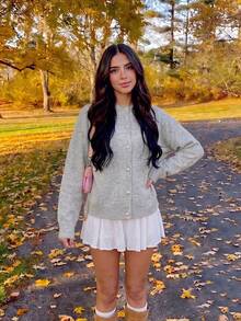 Women's Grey Knit Cardigan, Sweet & Spicy Style, Decorated With Pearl Buttons, Long Sleeve Casual Round Neck Sweater, Suitable For Spring Wear, Ribbed Knit Detail, Regular Length - Grey - View 6