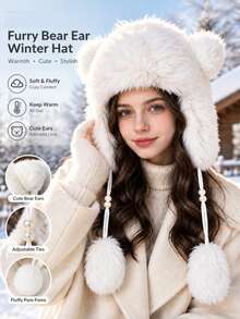 Women's Fluffy Bear Ear Trapper Hat, Warm Plush Winter Hat With Pom Poms, Cozy Cold Weather Accessory - A - View 4
