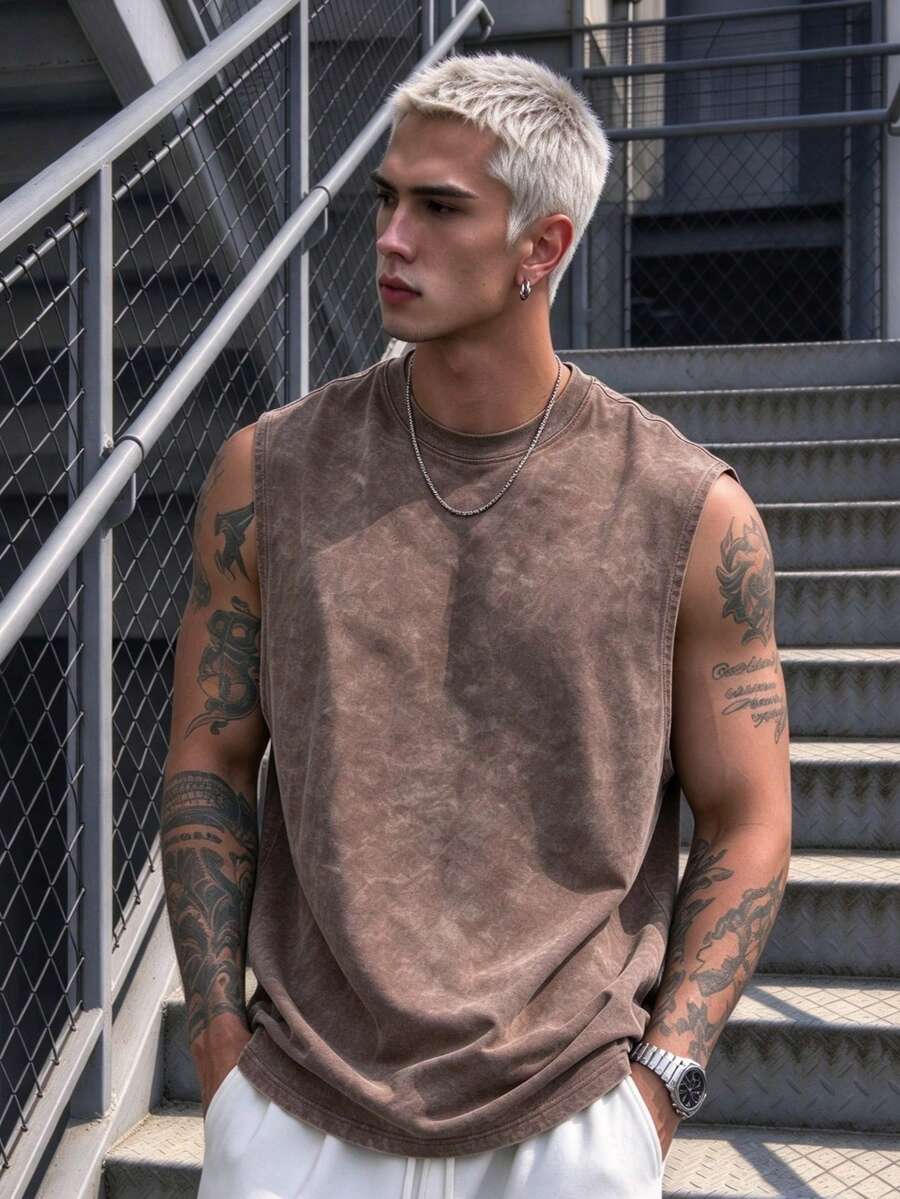 Simple Studio | Men's Vintage Rugged Style Washed Short Sleeve Tank Top | Suitable For Summer Wear | Comfortable & Breathable | Leading Fashion