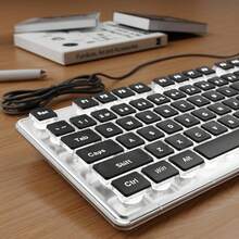 EWEADN Pink Full-Size Wired Keyboard, White Backlit Pudding Keycaps, Silent USB Computer Keyboard, Metal Panel, Easy-To-Read Non-Fading Keycaps, Cute Desktop Decor, Suitable For Windows PC Desktop - View 9