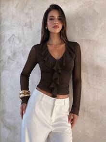 Sexy Deep V-Neck Ruffle Design Sheer Mesh Fitted Women's Top, Autumn/Winter New Style, Fashionable And Versatile - Brown - View 3