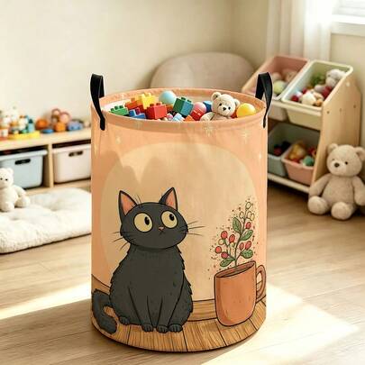 Warm Apricot-Colored Base With Cartoon Black Cat & Coffee Cup Plant Print Storage Bin, Foldable Portable Laundry Basket With Handle, Multi-Purpose Versatile Space-Saving Bedroom Toy And Dirty Clothes Organizer For Home Dorm Closet Nursery