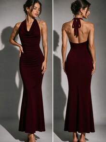 QUNGIGU Women Elegant Halter Cowl Neck Dress Fishtail Ruched Evening Gown For Fall Winter Wedding Guest Going Out Dating - Burgundy - View 2