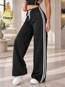 Women Thermal Lined Wide Leg Sweatpants Black Side Stripe Drawstring Elastic Waist Loose Fit Winter Track Pants - Black - View 10