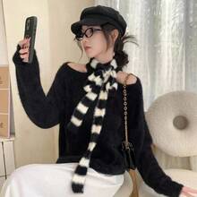 1pc Cute Striped Pattern Doll Style Small Scarf, Spring/Autumn/Winter Fashion Thin Bow Tie Warm Ribbon - Multicolor - View 3