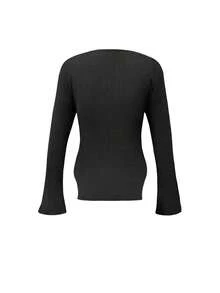 Elegant Fashionable Versatile Apricot Square Neck Solid Color Pullover With Shoulder Raglan Sleeves And Asymmetrical Ribbed Hem, Suitable For Women, Casual Comfortable, Fashionable Versatile Ideal Choice For Evening Date, Holiday Outing, New Year, Back To School, Office, Spring Autumn Winter Daily Wear - Black - View 7