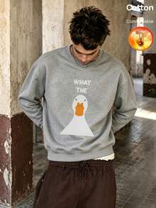 Men's Fleece Crew Neck Sweatshirt, Cartoon Duck Graphic & Text, Y2K Style, Autumn/Winter - Heather Gray - View 11