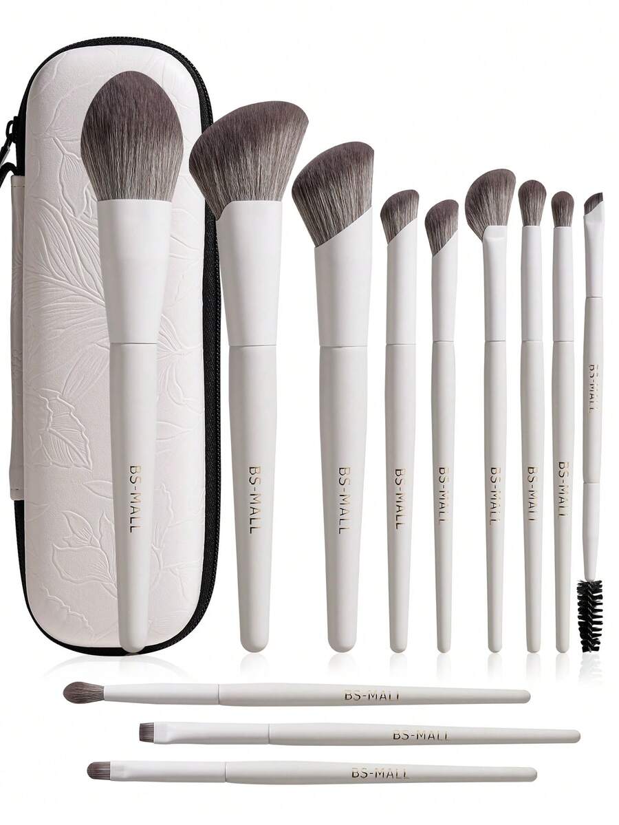 BS-MALL 12Pcs Professional Makeup Brush Set Luxury Grey White Vegan Face Cosmetic Tool Brushes With Bag - Light Grey - View 1