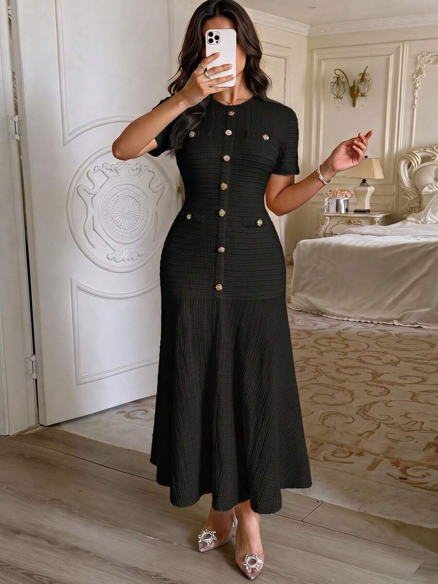 Unadoll Women Fall Black Textured Midi Dress, Round Neck Faux‑Button Mermaid Dress, Chic Short Sleeve For Back To School, Party & Daily Wear