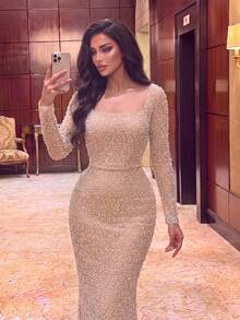 Luxury Women's Long Sleeve Square Neck Sequin & Pearl Fitted Pencil Dress, Romantic Bodycon Evening Gown With Zipper, Suitable For Formal Occasions - Champagne - View 7