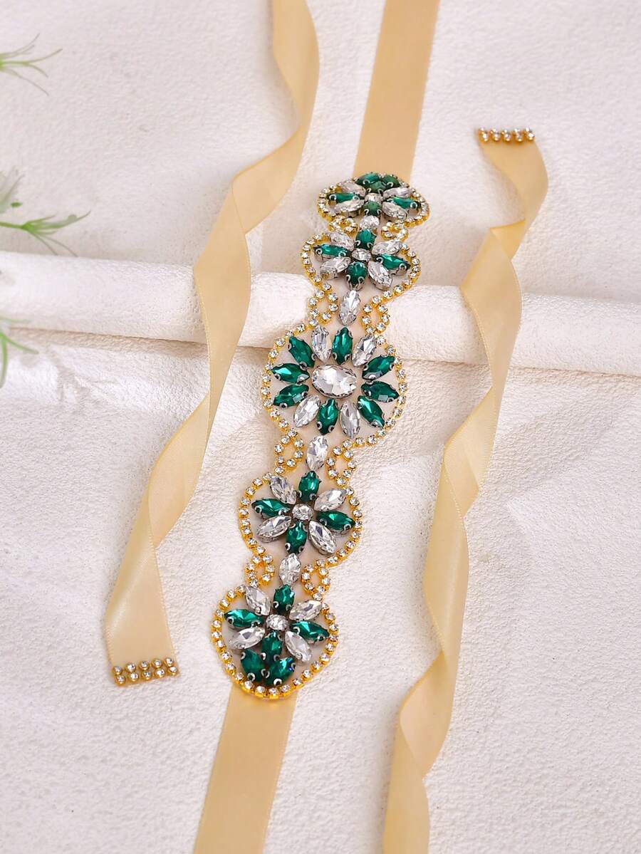 1pc Elegant Emerald Rhinestone Wedding Belt, Summer Waist Sash, Luxury Decorative Accessory For Wedding Guests Bridesmaids