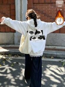 Women's Cotton Hoodie Top With Eye Print, Basic Autumn/Winter Travel Top - White - View 3