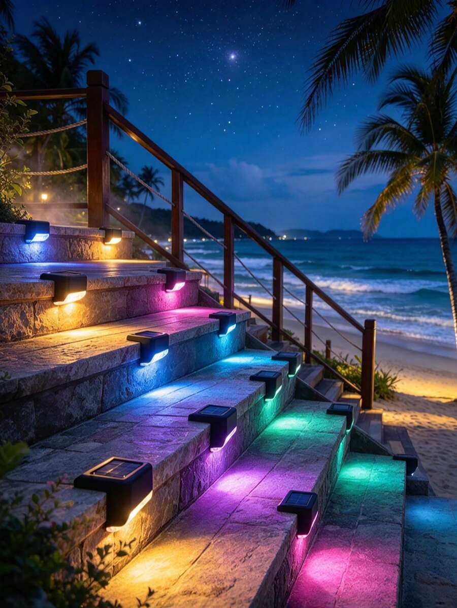 8pcs/4pcs LED Solar Fence Step Lights, All-Weather Waterproof Outdoor Solar Patio Stair Lights, Light-Sensing Automatic Solar Landscape Lights For Yard, Patio, Walkway, Christmas, Holiday Outdoor Decoration - Multicolor - View 1
