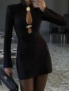 Women's Black Metal Decor Hollow Design Stand Collar Dress - Black - View 8