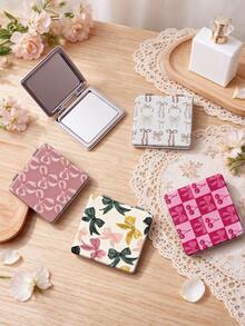 1PC Millennium Y2K Series Portable Vanity Mirror, Foldable Lightweight Ultra-Thin Convenient Hand Mirror, PU Leather, Suitable For Multiple Scenarios And All People, Foldable Small Square Mirror, Pocket Mirror, Cartoon Bow Cherry Plaid Print Pattern Design, Exquisite Handheld 180° Flip Cover Multi-Function - Multicolor - View 1