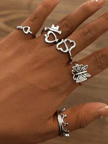 5-Piece Punk Style Ring Set, Unique Fashion Heart Butterfly Crown Stackable Rings, Jewelry For Women, Stylish Accessory Gift - Multicolor - View 1
