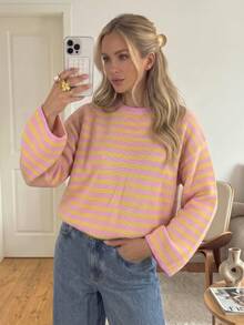 Women Fall Winter Sweater Y2k Going Out Tops Multicolor Sweater, Long-Sleeve Pullover With Stripes, Collegiate Casual Streetwear - Multicolor - View 3