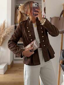 ZAHM Vintage Palace Dark Coffee Faux Suede Jacket For Women, Stand Collar Double Breasted Waist Cinch Ruffle Hem French Jacket - Coffee Brown - View 3