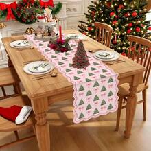 1 Pc Polyester Christmas Table Runner, Pink Coquette Xmas Tree & Bow Print Table Decor, Wavy Edge Festive Table Linen, For Dining Table, Kitchen, Holiday Banquet, Indoor Home Christmas Party Tabletop Decoration, 180*35cm - A - View 4